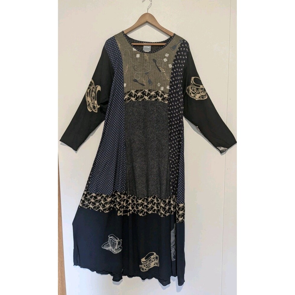 Staley Gretzinger Patchwork Art To Wear Maxi Dress Tea Cup USA Long Sleeve M/L
